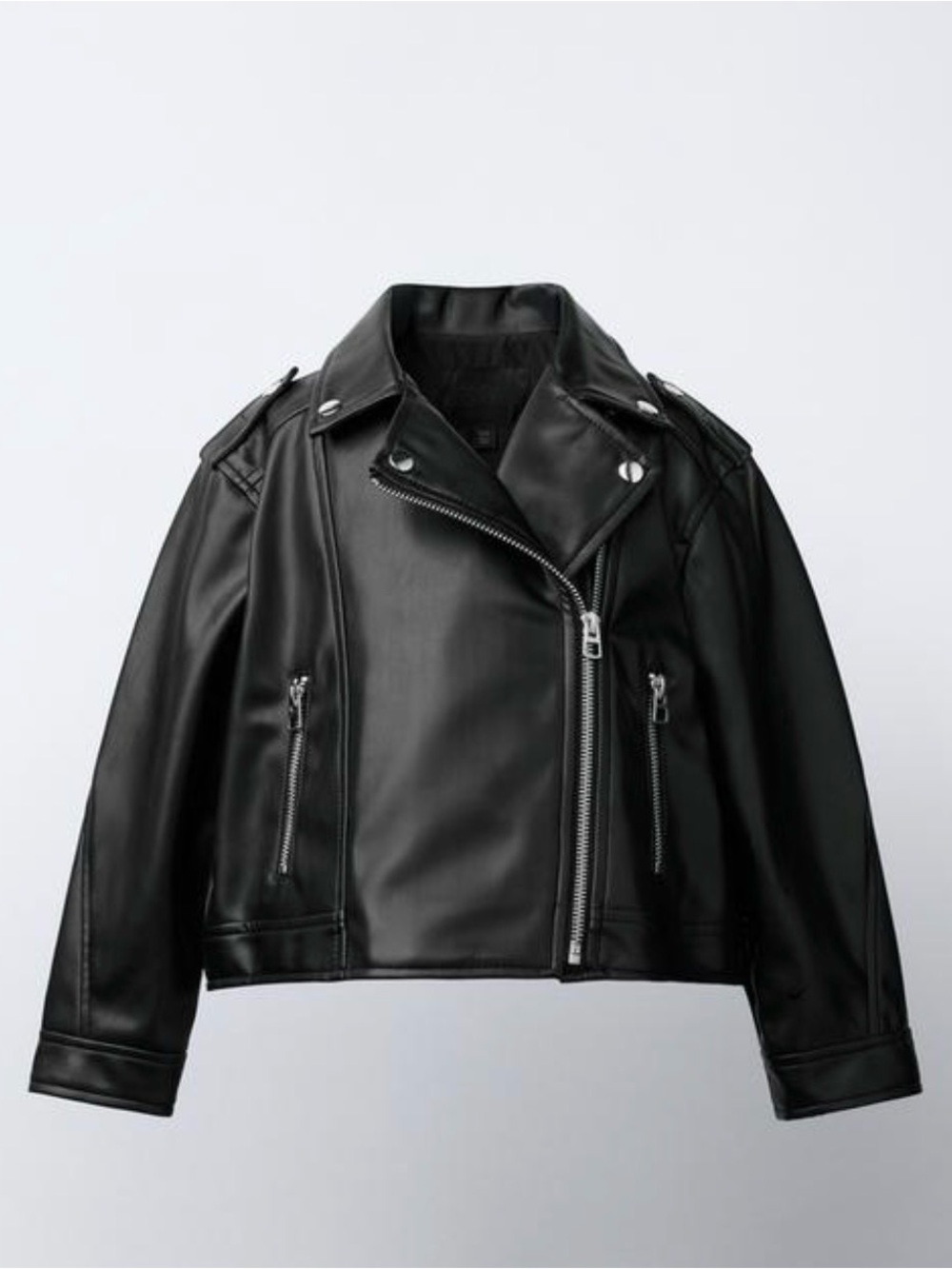 0036 Zara Black Faux Leather Biker Jacket with Silver Hardware